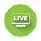 White Live streaming online videogame play icon isolated with long shadow background. Green circle button. Vector