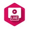 White Live streaming online videogame play icon isolated with long shadow background. Pink hexagon button. Vector