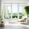 White living room with a chair and a view of a green Scandinavian style in