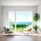 White living room with a chair and a view of a green Scandinavian style in