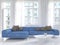 White living room interior with blue couch