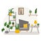 White living room interior design with armchair, indoor plants. Vector flat illustration