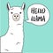 White llama with lettering.