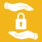 white lock icon in flat hands isolated on yellow background- vector illustration