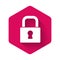 White Lock icon isolated with long shadow. Padlock sign. Security, safety, protection, privacy concept. Pink hexagon