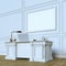 White luxury wooden office cabinet with mock up canvas. Perspective view version. 3d render