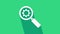 White Magnifying glass and gear icon isolated on green background. Search gear tool. Business analysis symbol. 4K Video