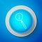 White Magnifying glass and information icon isolated on blue background. Search with information sign. Circle blue