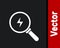 White Magnifying glass with lightning bolt icon isolated on black background. Flash sign. Charge flash. Thunder bolt. Lighting