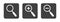 White magnifying glass, zoom in, zoom out icon set. Dark gray background with shadows.