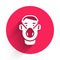 White Man face in a medical protective mask icon isolated with long shadow. Quarantine. Red circle button. Vector