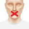 White man face with No talking red cross sign. Free speech censorship, concept vector illustration.