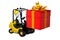 White man on a loader with a gift by a holiday
