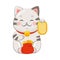 White Maneki-neko Cat with Collar Holding Gold Coin with Paw as Ceramic Japanese Figurine Bringing Good Luck Vector
