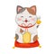 White Maneki-neko Cat Holding Gold Coin and Ringing Bell as Ceramic Japanese Figurine Bringing Good Luck Vector