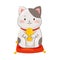 White Maneki-neko Cat Holding Gold Fish as Ceramic Japanese Figurine Bringing Good Luck Vector Illustration