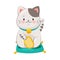 White Maneki-neko Cat with Raised Left Paw and Gold Coin as Ceramic Japanese Figurine Bringing Good Luck Vector