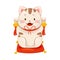 White Maneki-neko Cat Ringing Bell as Ceramic Japanese Figurine Bringing Good Luck Vector Illustration