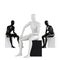 White mannequin guy sits on a background of two black mannequins. Depth of field effect.3D rendering