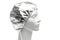 white mannequin head in silver reflective foil hat, neural network generated art