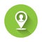 White Map marker with a silhouette of a person icon isolated with long shadow. GPS location symbol. Green circle button