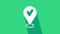 White Map pin with check mark icon isolated on green background. Navigation, pointer, location, map, gps, direction