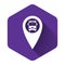 White Map pointer with bus icon isolated with long shadow. Purple hexagon button