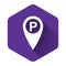 White Map pointer with car parking icon isolated with long shadow. Purple hexagon button