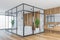 White marbel and wooden bathroom modern interior with a wooden floor  a white ceramic tub  a tree in a pot  panoramic window. 3d