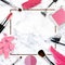 White marble background with lipstick, tools, eyeliner, blush on, eye shadow and powder cosmetic in pink theme make up on frame