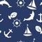 White marine motifs on blue background. Seamless pattern for fabrics.