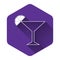 White Martini glass icon isolated with long shadow. Cocktail with lime symbol. Purple hexagon button