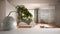 White mat table shelf with round marble vase and potted bonsai, green leaves, over minimalist bedroom with bathroom, modern