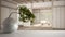 White mat table shelf with round marble vase and potted bonsai, green leaves, over yoga studio, mats and accessories, tatami, zen