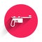 White Mauser gun icon isolated with long shadow. Mauser C96 is a semi-automatic pistol. Red circle button. Vector