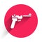 White Mauser gun icon isolated with long shadow. Mauser C96 is a semi-automatic pistol. Red circle button. Vector