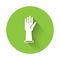 White Medical rubber gloves icon isolated with long shadow. Protective rubber gloves. Green circle button. Vector