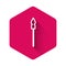 White Medieval spear icon isolated with long shadow. Medieval weapon. Pink hexagon button. Vector