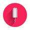 White Menstruation and sanitary tampon icon isolated with long shadow. Feminine hygiene product. Red circle button