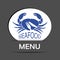 White menu label with crab silhouette and symbol of knife, fork. Seafood symbols on grey background for produkt design or menu res