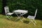 White metal garden furniture table and two chairs