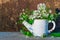 White metal teapot vase with a bouquet of white lilac flowers and grass woodlouse with green leaves.Background with a copy of the