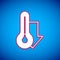 White Meteorology thermometer measuring icon isolated on blue background. Thermometer equipment showing hot or cold