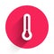 White Meteorology thermometer measuring icon isolated with long shadow background. Thermometer equipment showing hot or