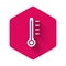 White Meteorology thermometer measuring icon isolated with long shadow. Thermometer equipment showing hot or cold