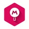 White Metro or Underground or Subway icon isolated with long shadow. Pink hexagon button. Vector