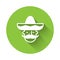 White Mexican man wearing sombrero icon isolated with long shadow. Hispanic man with a mustache. Green circle button