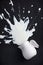 White milk splashes splattered, isolated on black background