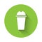 White Milkshake icon isolated with long shadow. Plastic cup with lid and straw. Green circle button. Vector Illustration