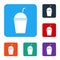 White Milkshake icon isolated on white background. Plastic cup with lid and straw. Set icons in color square buttons